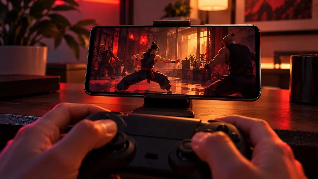 Illustration : un smartphone sur support et une manette pour jouer à un jeu de kung-fu