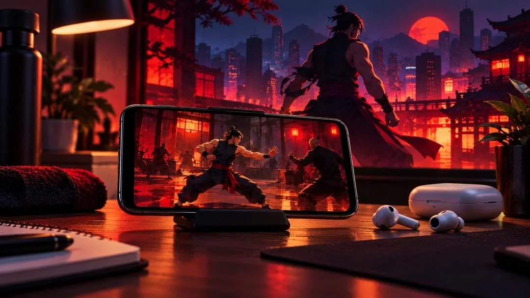 Illustration : un smartphone posé sur un bureau affichant un combat de kung-fu