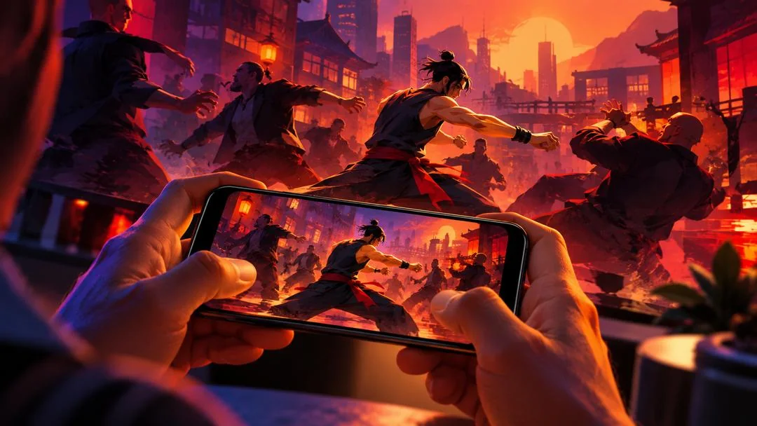 Illustration : un smartphone tenu à deux mains affichant un combat de kung-fu