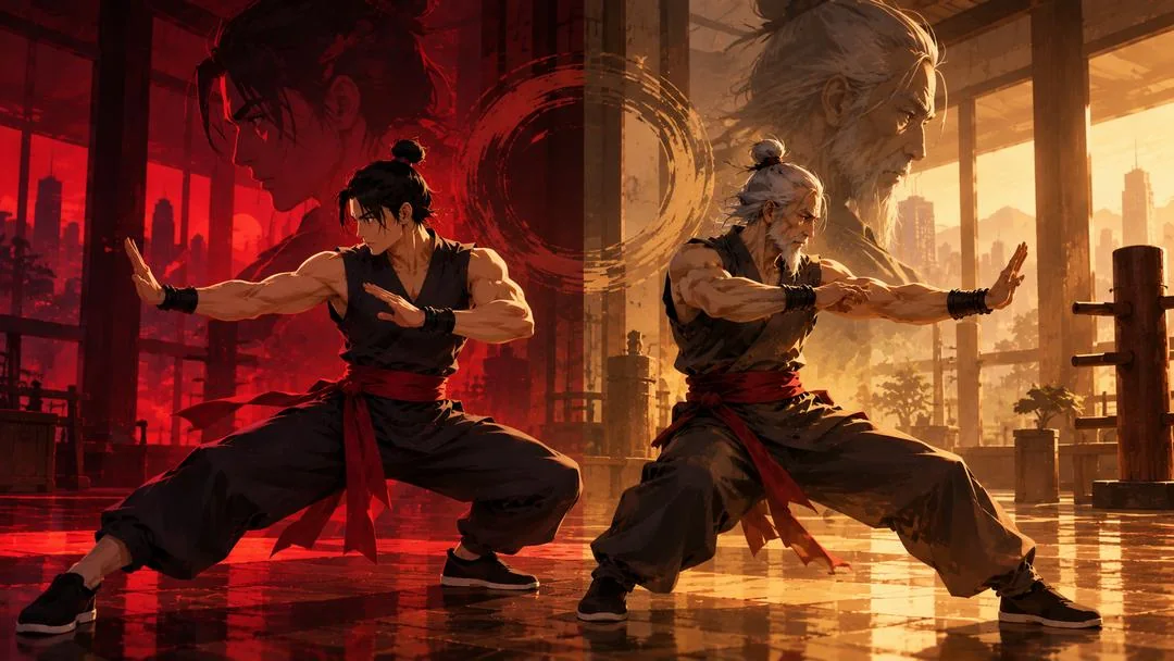 Illustration : le même combattant de kung-fu, jeune puis âgé