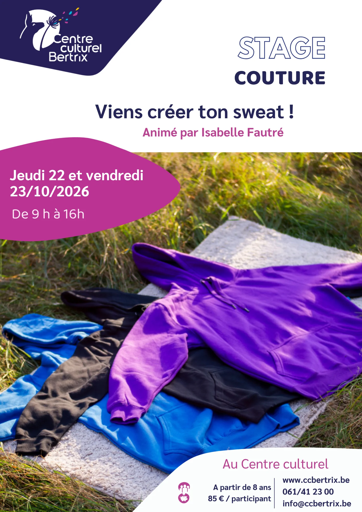 Affiche du stage couture du Centre culturel de Bertrix