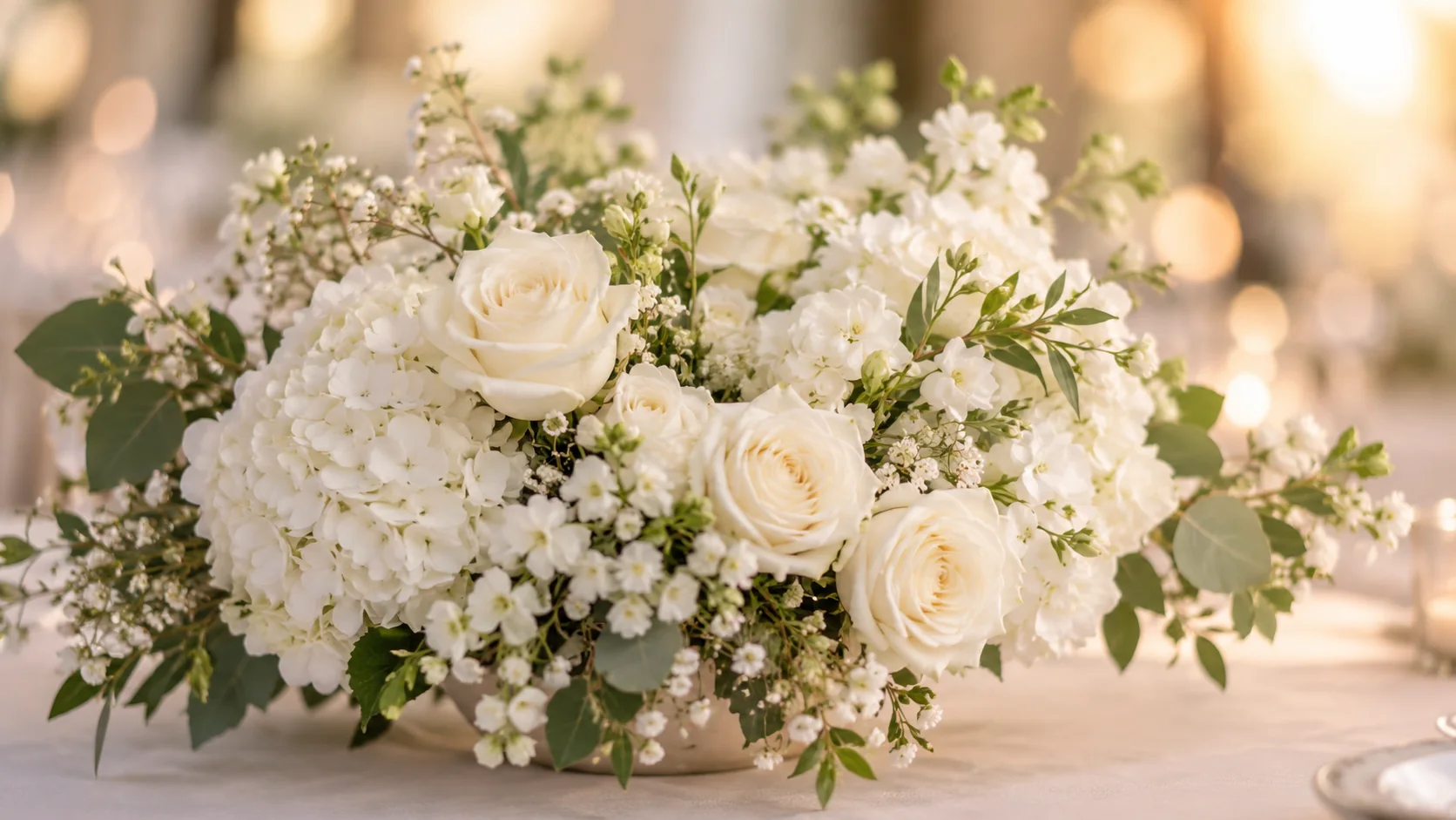 Composition florale blanche sur une table de réception, illustration