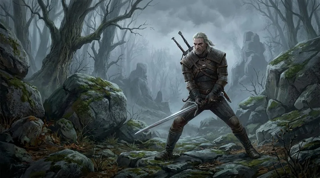 Geralt en garde, épée tendue, dans une forêt brumeuse