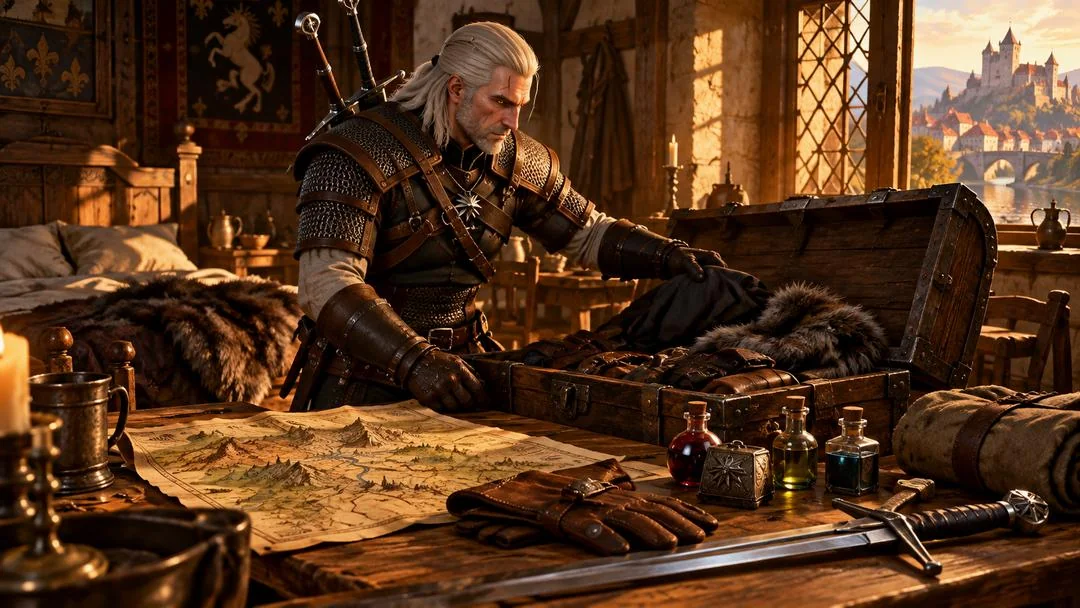 Geralt préparant son équipement près d’un coffre, d’une carte et de potions