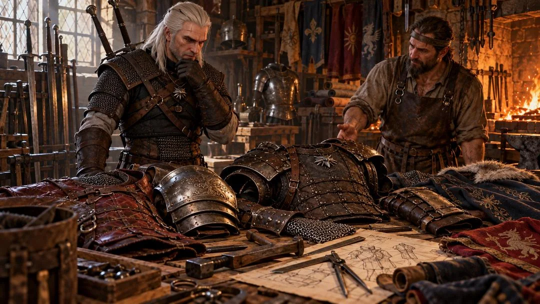 Geralt examinant des pièces d’armure chez un forgeron