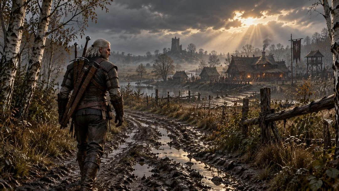 Geralt marchant sur un chemin boueux vers un village sous un ciel d’orage