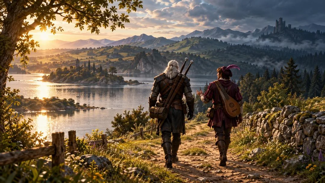 Geralt et Jaskier marchant sur un chemin au bord d’un lac au coucher du soleil