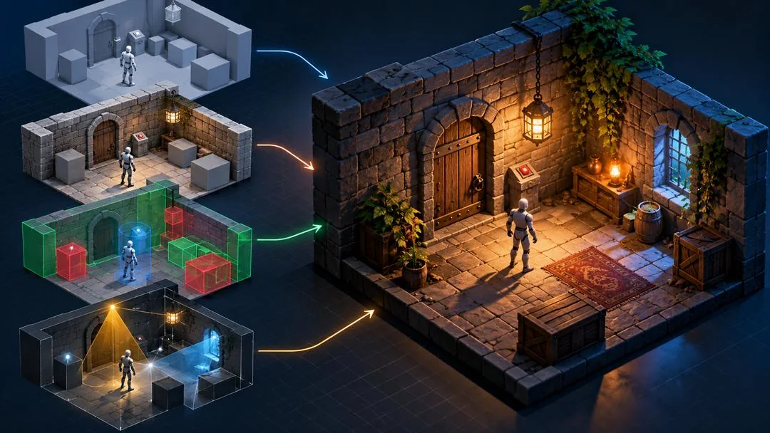 Illustration : les étapes de construction d’une pièce de jeu, des formes simples aux collisions et à l’éclairage, jusqu’à la scène finale avec sa porte et son interrupteur