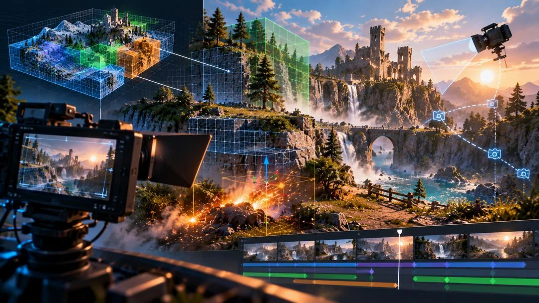Illustration : un monde découpé en cellules, des étincelles d’effets visuels, une caméra et une ligne de temps de montage devant un paysage avec château