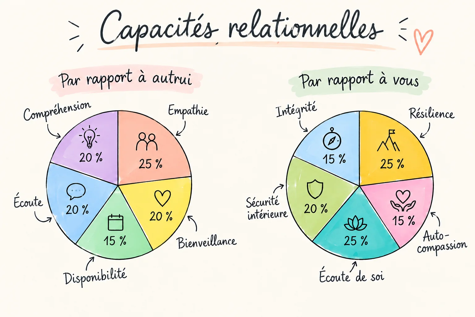 Illustration : deux cercles colorés « par rapport à autrui » et « par rapport à soi » listant des capacités relationnelles