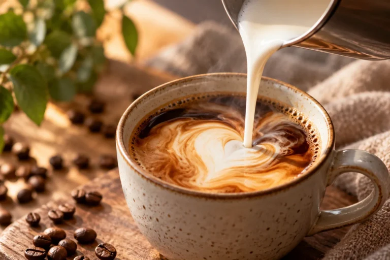 Illustration : un cœur dessiné dans la mousse d’un café au lait, dans une tasse rustique