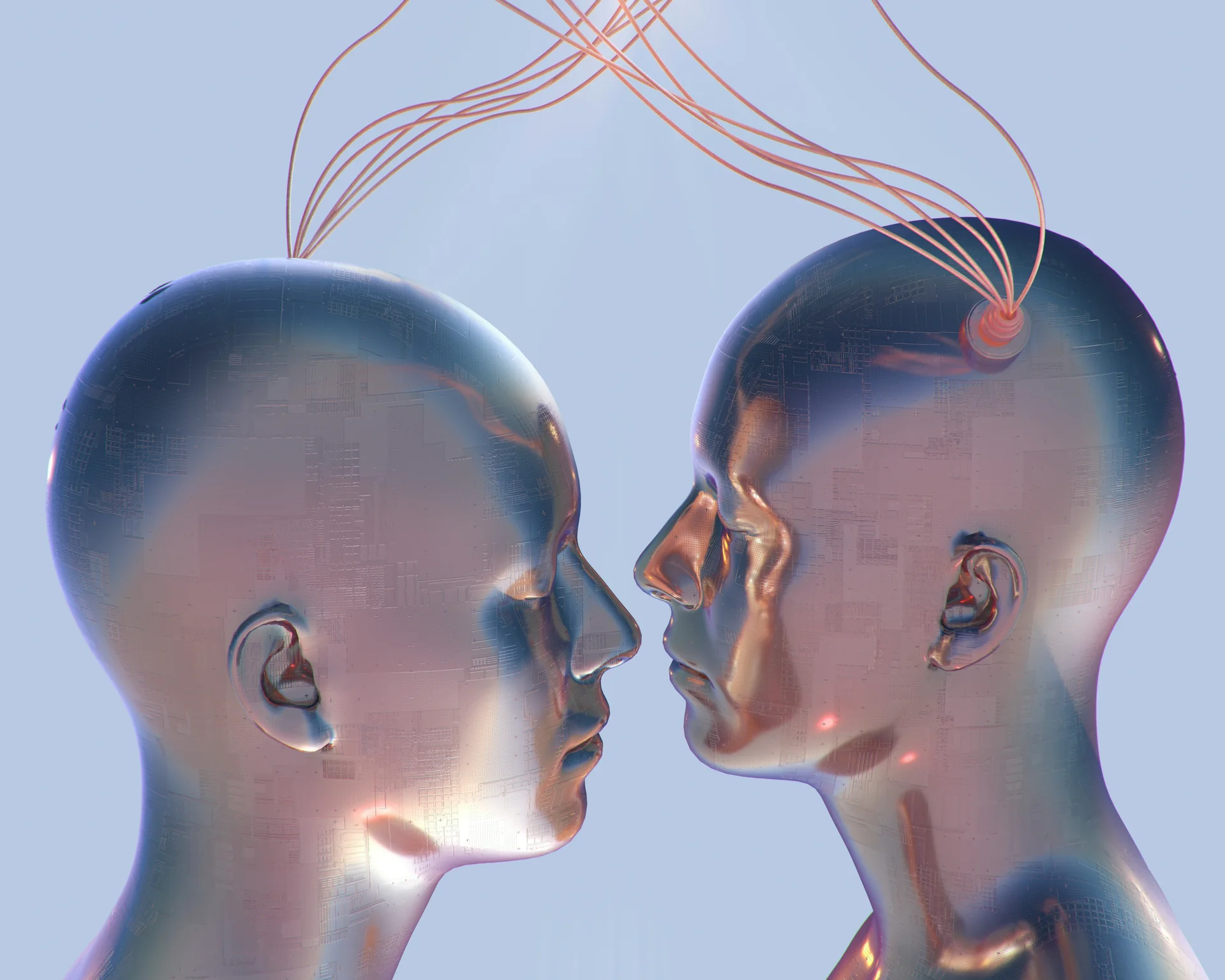 Deux têtes de mannequins translucides face à face, front contre front