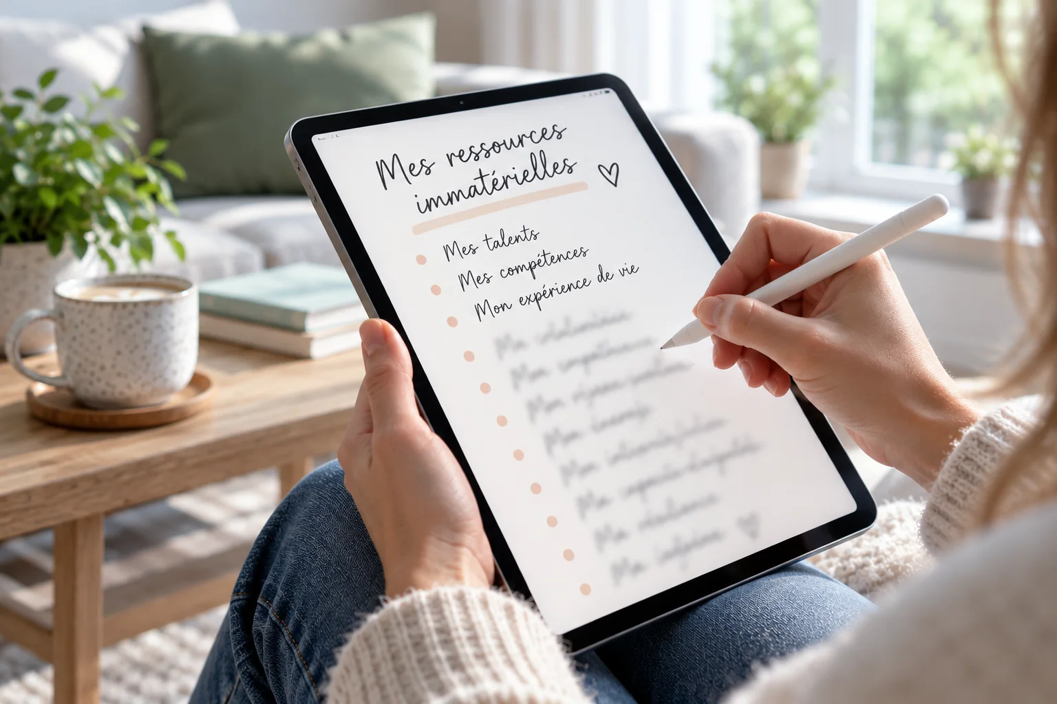 Illustration : une personne note ses ressources immatérielles sur une tablette