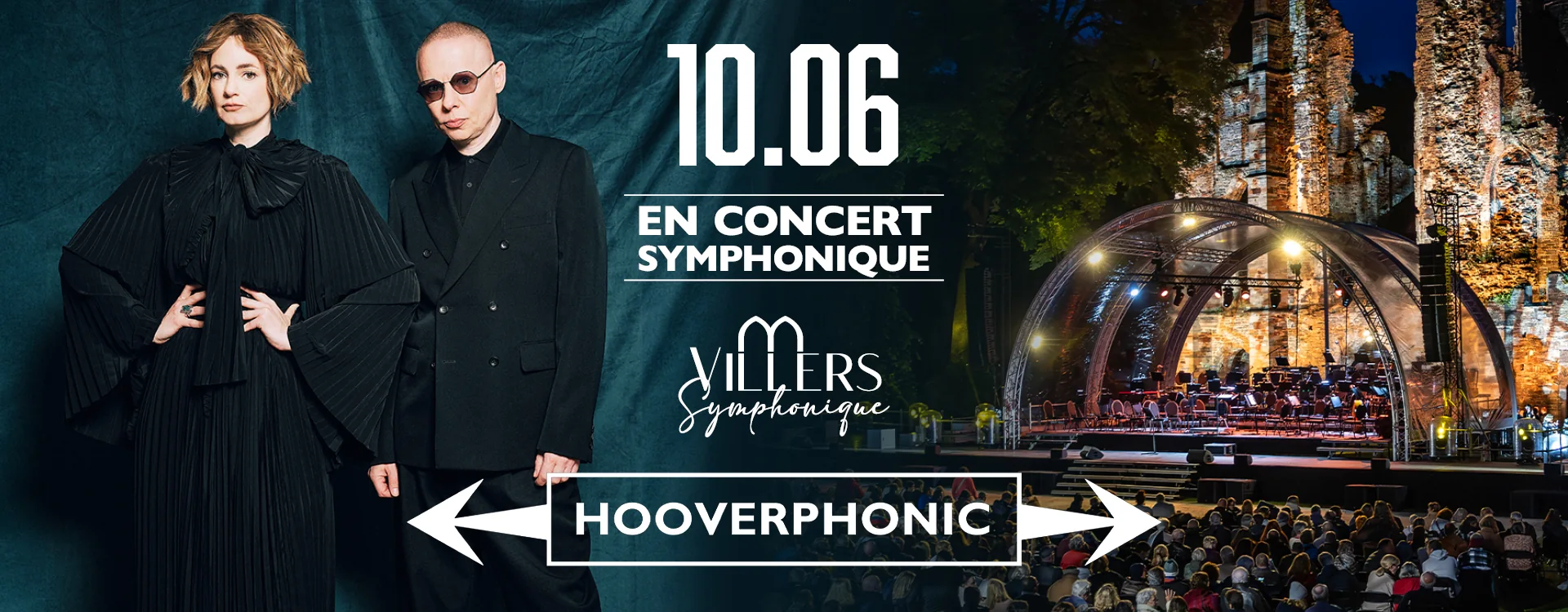 Visuel officiel du concert symphonique de Hooverphonic le 10 juin 2027 à Villers Symphonique : deux membres du groupe vêtus de noir devant un rideau vert