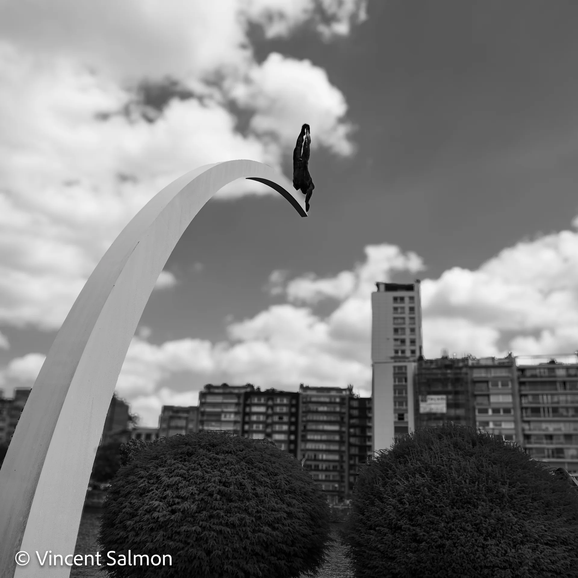 Photo de Vincent Salmon : un oiseau perché au sommet d’une sculpture en arc, devant des immeubles