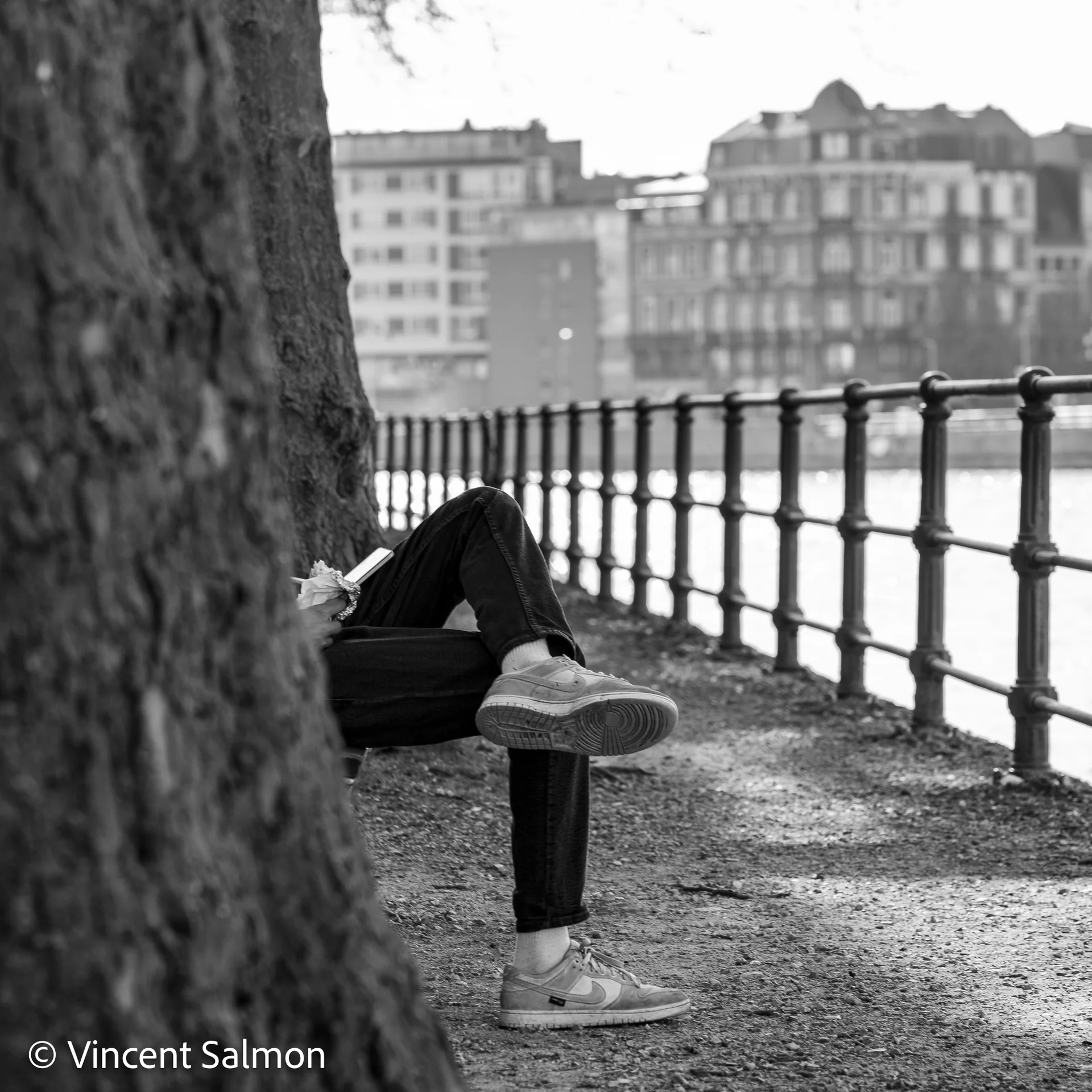 Photo de Vincent Salmon : un homme lit, adossé à un arbre au bord de la Meuse