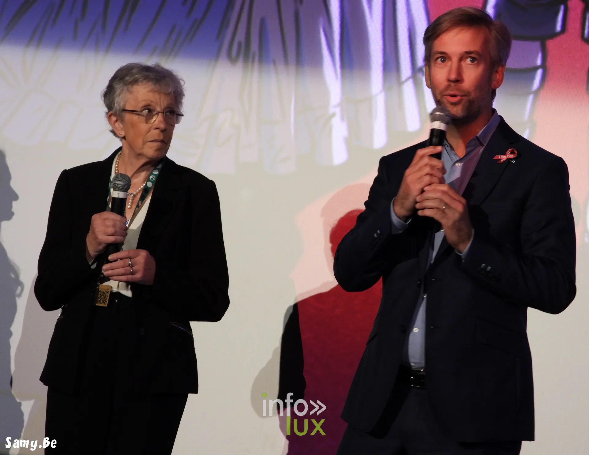Waterloo Historical Film Festival 2026, soirée d’ouverture, 8 octobre 2026 : Bernadette Delange-Raeymaekers, échevine de la Culture de Waterloo, et Tanguy Stuckens, député provincial