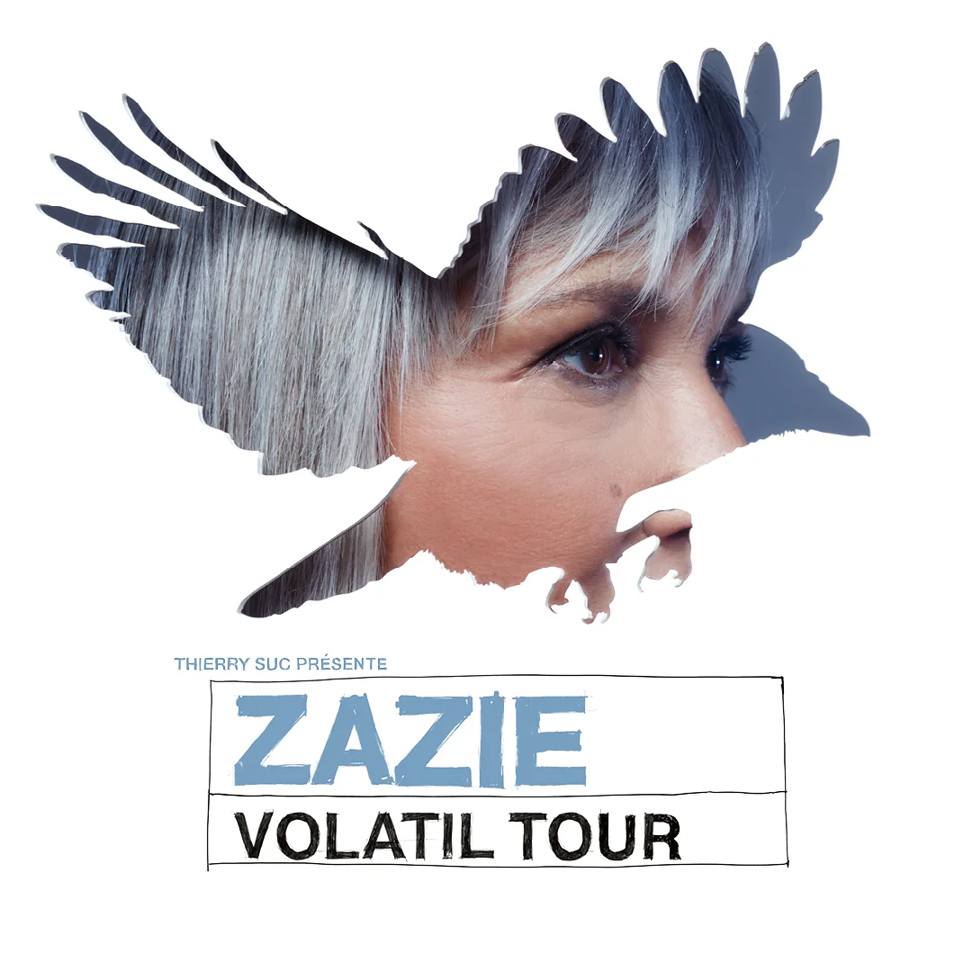 Affiche du Volatil Tour de Zazie : son visage découpé dans la silhouette d’un oiseau en vol